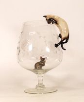 Large etched glass Brandy glass together with ceramic cat & mouse. Height 28cm