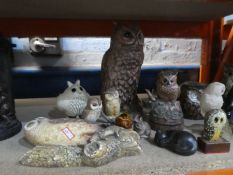 Quantity of ornamental owls, Beswick Cat, etc