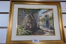 An oil on board depicting a village scene, indistinctively signed
