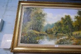 Peter Snell; a modern oil of Woodland river scene, signed and dated 1983, 90 cm x 50 cm