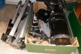 Box of carved items, spoon racks, Visionary Ceti 500 telescope on stand etc
