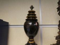 A Chinese black lacquer table lamp, decorated figures and tree, 50 cm