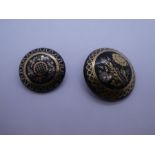 Two Victorian circular pique inlaid brooches, both allover floral decoration, 4cm and 3cm
