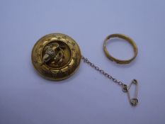 Antique yellow metal, possibly 18ct circular mourning brooch decorated applied acorn and leaf design