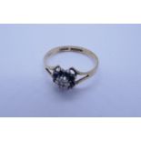 9ct yellow gold sapphire and diamond floral cluster ring, marked 375, size O, approx 1.6g