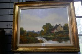 Peter Snell; a modern oil of River scene with cottage, signed, 60 cm x 50 cm