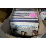 Three boxes mixed vinyl LP records, mainly 70s and 80s, including Status Quo, Dexys Midnight Runners