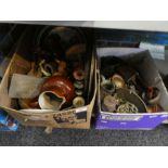 Two boxes of mixed copperware and brassware, plaques, sherry barrel and milkchurn