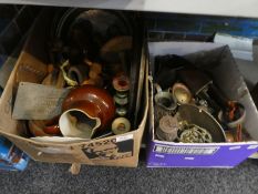 Two boxes of mixed copperware and brassware, plaques, sherry barrel and milkchurn