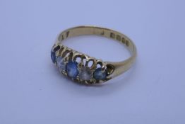 18ct yellow gold sapphire and diamond ring, comprising 3 sapphires and 2 diamonds, size M, approx 2.