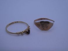9ct rose gold signet ring, AF, marks worn, 9ct yellow gold garnet set ring marked 375, 1ct weight, a