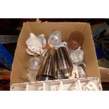Four boxes of mixed items including metalware, silver plated items, cutlery, china, etc