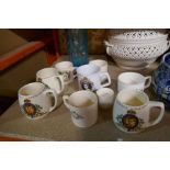 Commemorative mugs, Whitefriars style vase, pierced lidded centre piece, Phillips Juicer, etc