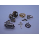 10K yellow gold dress ring, silver charms, etc