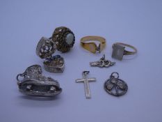 10K yellow gold dress ring, silver charms, etc