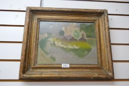 Reginald Bull; an unsigned oil of Thames Island, label to reverse, 32 cm x 24 cm