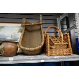 Continental grain scoop, assorted wicker and brass, battle print etc.