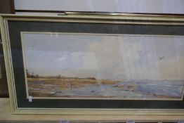 Framed and glazed watercolour by Denise Hickman 'Pagham Harbour' and various other pictures