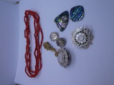 Bag antique and later jewellery including circular silver mourning brooch, pair of white metal granu