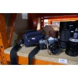 Selection of cameras, PETRL FLEX, Yashica,various lens and pair of binoculars