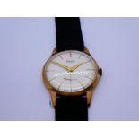 9ct gold head Swiss made Nivada 17 jewels watch with material black handle. Having baton hour marks