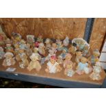 A shelf of Cherished Teddies, all of various designs, etc