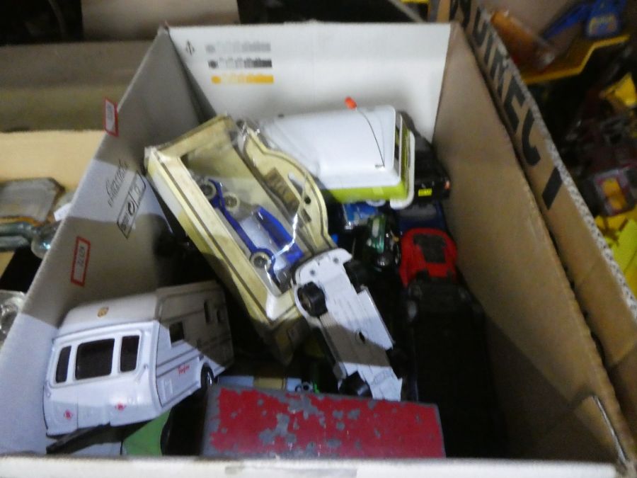 Two boxes of playworn die cast vehicles including Matchbox and Corgi