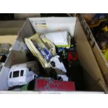 Two boxes of playworn die cast vehicles including Matchbox and Corgi
