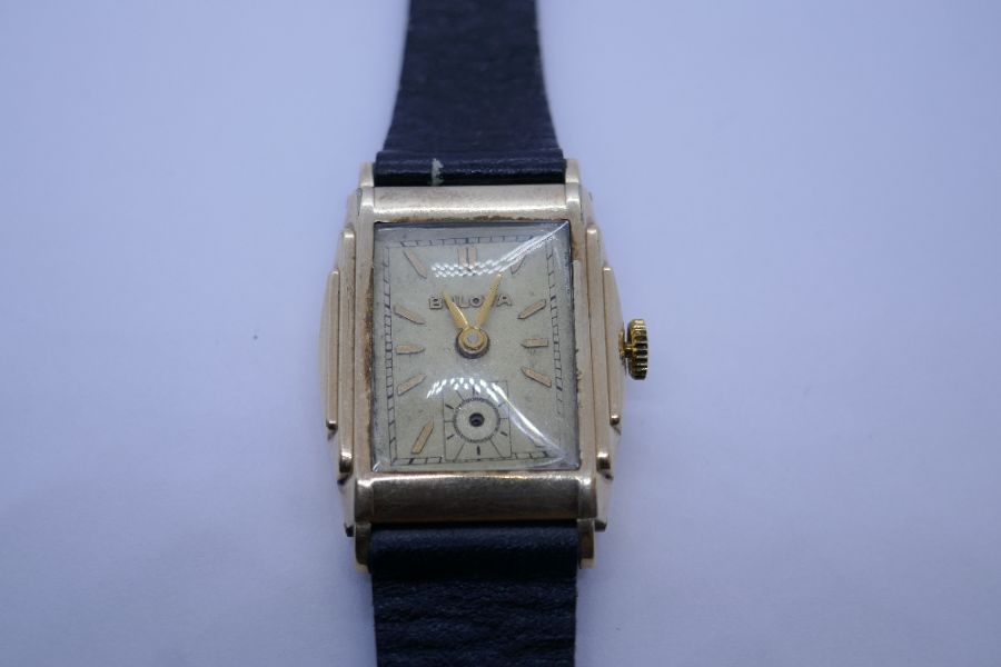 Bulova; vintage gents stainless steel Bulova wristwatch, model 195880 on black leather strap togethe - Image 2 of 5