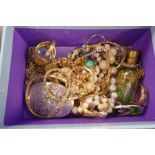 Small box of costume jewellery, silver brooch, rings, etc