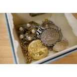 Box of mostly silver jewellery including large oval silver locket, silver page saver, floral design