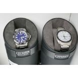 A pair of Citizen Eco-Drive watches case no.s E168-SO89379 Purchased March 2014 and 8637-SO80975 Pur