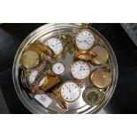 A tray of gold plated pocket watches to include examples by Elgin Rockford Watch Company. The Angus,