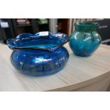 A continental low circular crimped top bowl in blue glass with foil beaded decoration 20 cms, and a