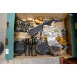 A selection of mixed collectables including binoculars, badges, knives, etc and a mantel clock