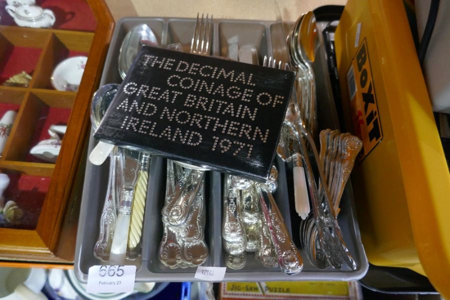 A selection of silver plate cutlery, display case and miniature china