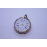 9ct yellow gold cased ladies fob watch, with white enamel dial, blue roman numerals and floral decor