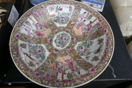 A 20th century Chinese Canton large dish 48 cms, the panels decorated birds and figures, (marks to r