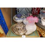 A selection of mixed metalware including silver plate, china and a gold coloured mirror