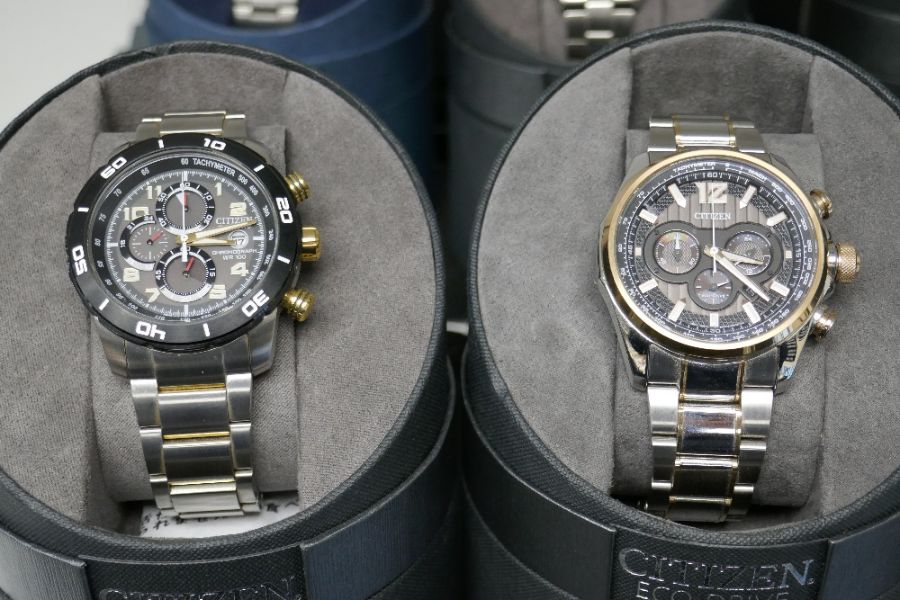 A pair of Citizen Eco-Drive watches case no.s B620-SO94071 and B612-SO840083 with stainless steel st