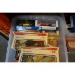 Four boxes of die cast vehicles including Corgi and Matchbox, mainly boxed