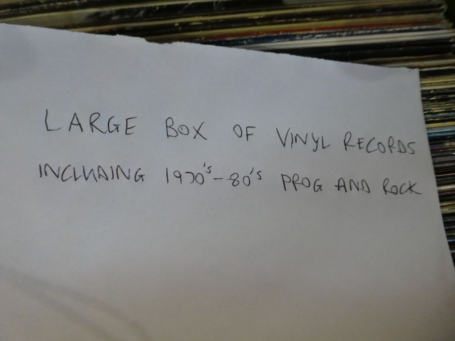 A box of vinyl LP records including 1970s/80s Progressive and Rock