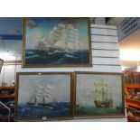 Three similar oils of the Cutty Sark and 18th Century Galleon by Harris, (one dated 1983)