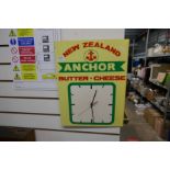 An "Anchor Butter" 70s/80s plastic advertising clock (with some damage)
