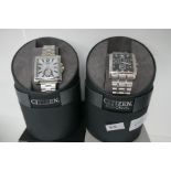 A pair of Citizen Eco-Drive watches case no.s H501-SO64678 HST and B690-SO65216. Both with a stainle