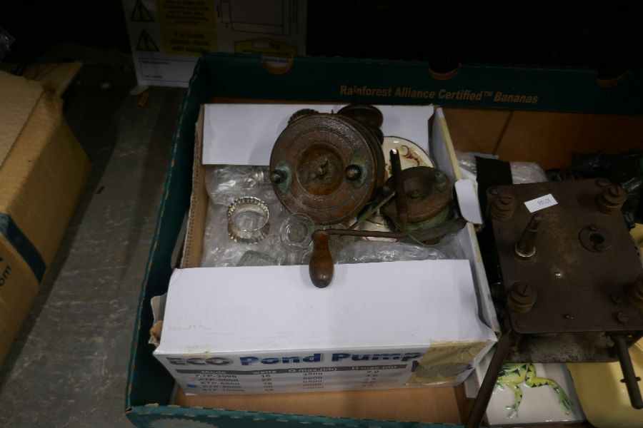 A mixed lot including wooden reels and glassware