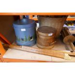 Three vintage butter churns, wooden rolling pins and other wooden items