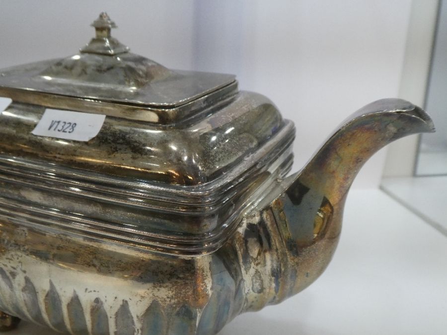 A Georgian silver rectangular teapot having half gadrooned body, four ball feet and rectangular hing - Image 6 of 6