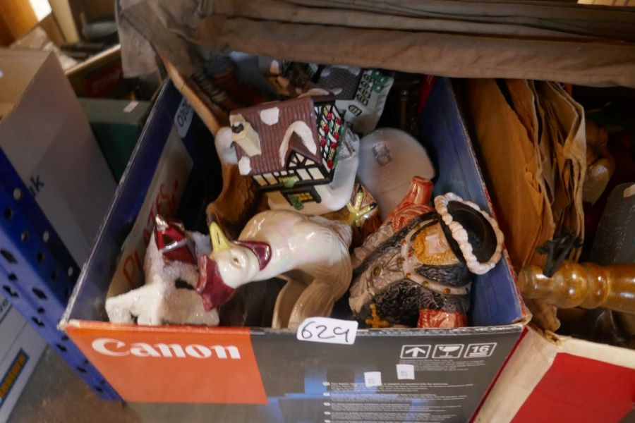 Four boxes of various mixed collectables including tin plate toys, David Winter cottages and mixed b