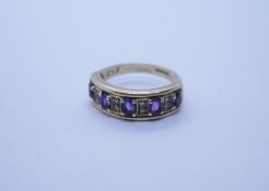 9ct yellow gold amethyst and diamond chip ring, size N/O; 3.2g approx